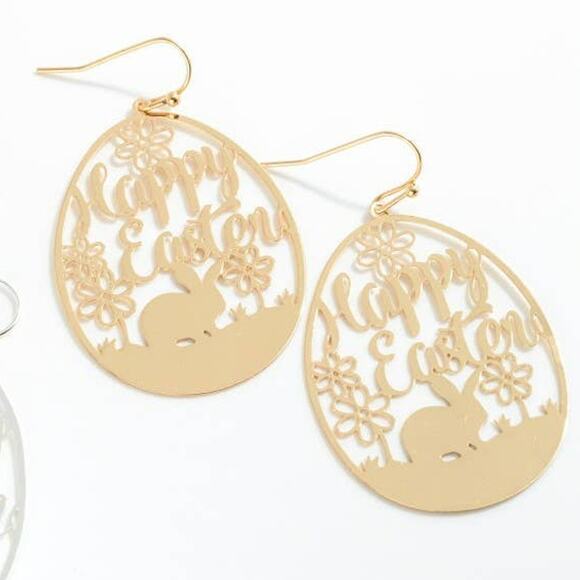 Brass Happy Easter Egg with Bunny Dangle Drop Earrings Gold - Picture 2 of 3